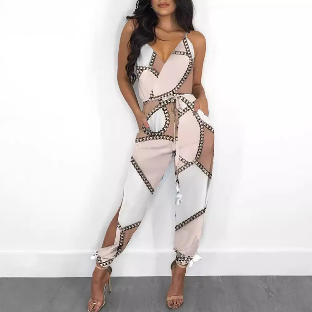 New Peacock Feather Print V-Neck Jumpsuit for Women