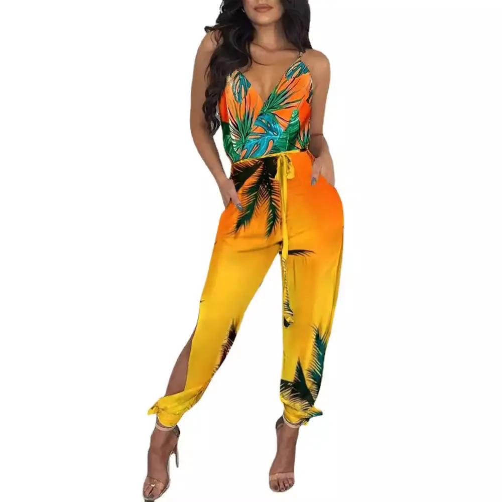 New Peacock Feather Print V-Neck Jumpsuit for Women
