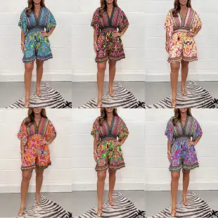 New Peacock Feather Print V-Neck Jumpsuit for Women — feature 12