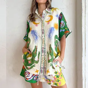 New Peacock Feather Print V-Neck Jumpsuit for Women — feature 3