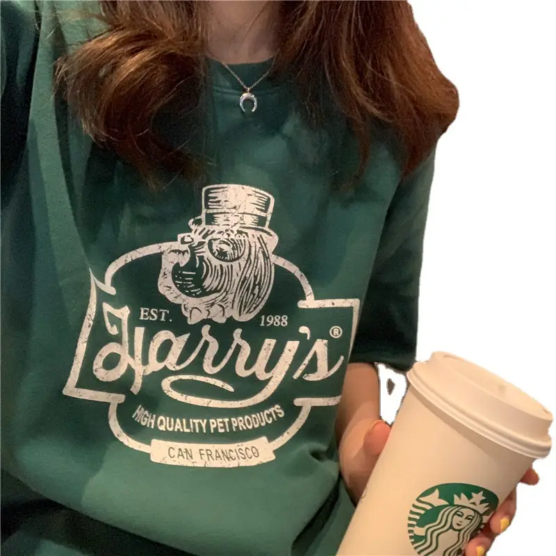 2024 Green Letter Print Women T-Shirt Loose Fit Korean Style - Image 7