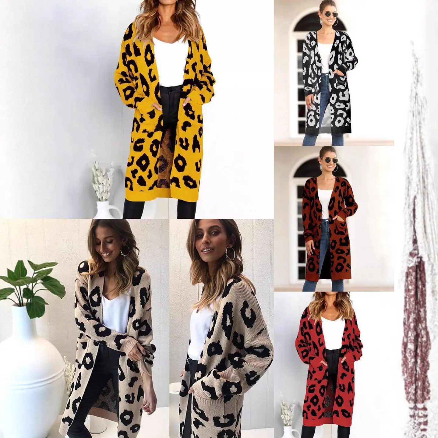 Women's Leopard Print Knitted Cardigan Jacket Brown Loose Long - Image 11