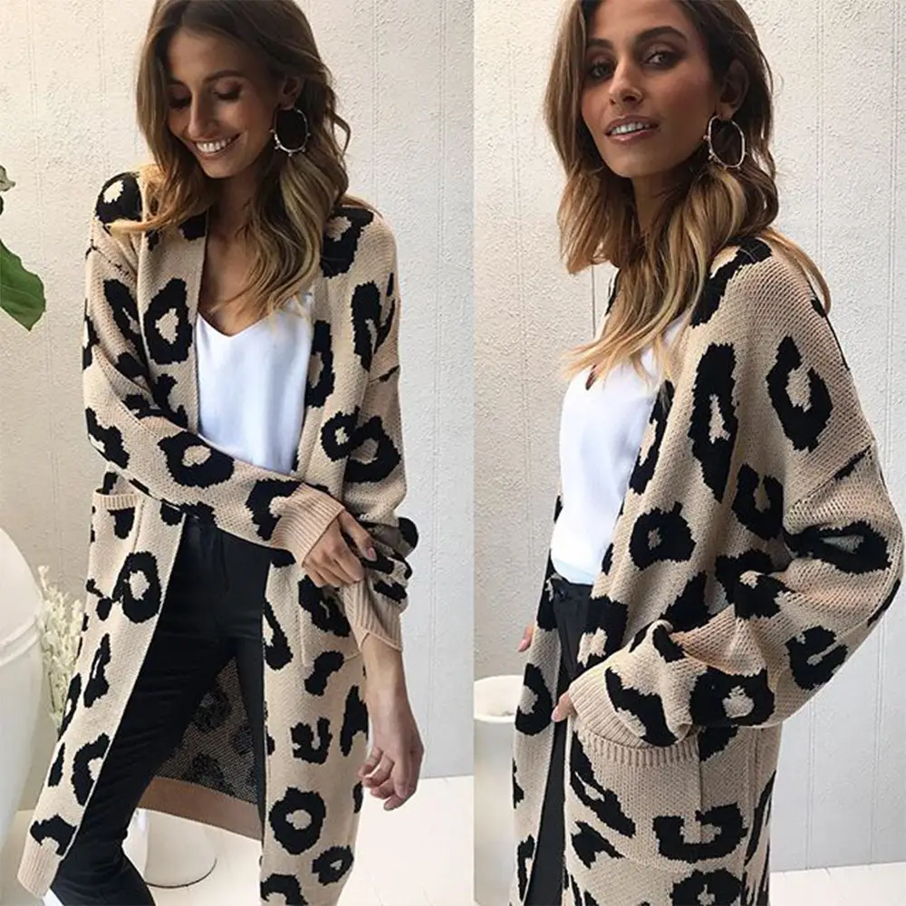 Women's Leopard Print Knitted Cardigan Jacket Brown Loose Long - Image 12