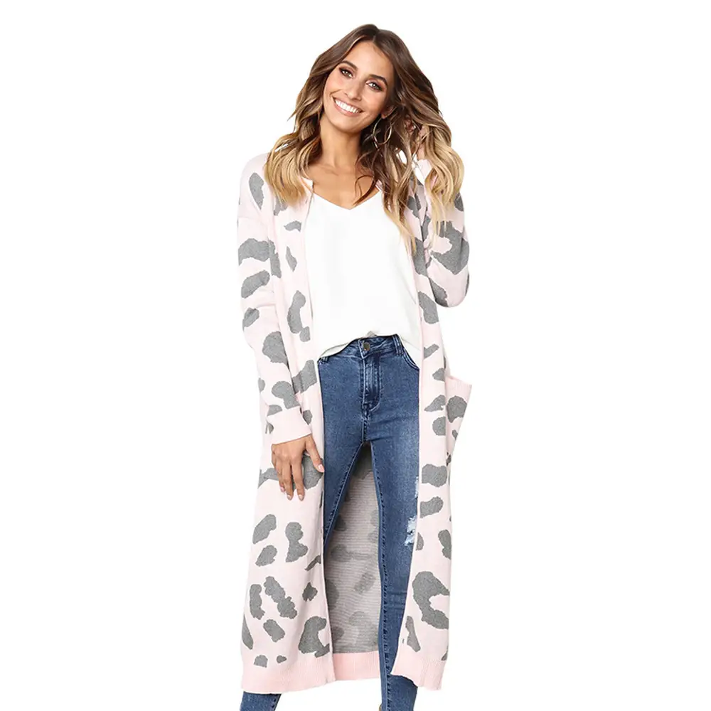 Women's Leopard Print Knitted Cardigan Jacket Brown Loose Long - Image 14