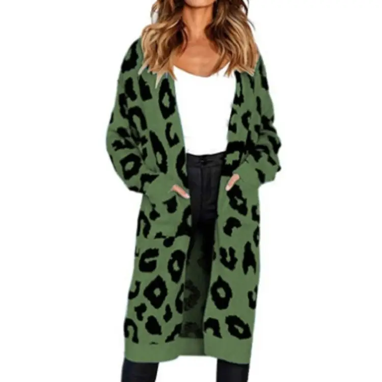 Women's Leopard Print Knitted Cardigan Jacket Brown Loose Long - Image 6
