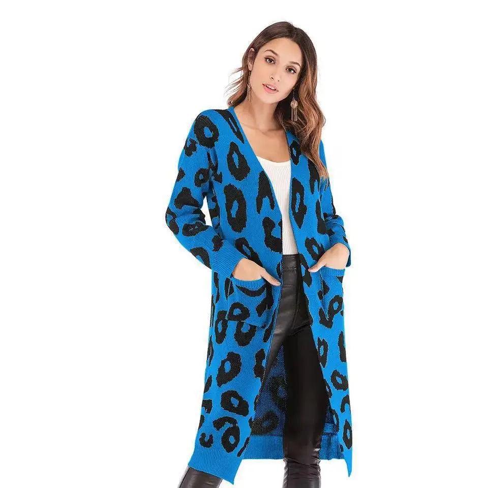 Women's Leopard Print Knitted Cardigan Jacket Brown Loose Long - Image 9