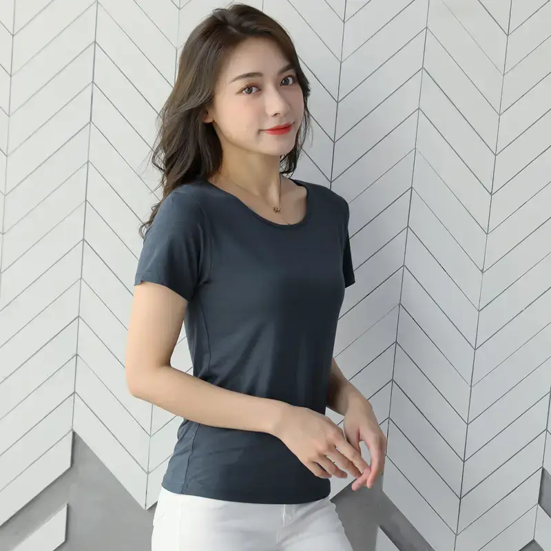 Women Grey Round Neck T-Shirt Summer Slim Fit 2025 - Image 6