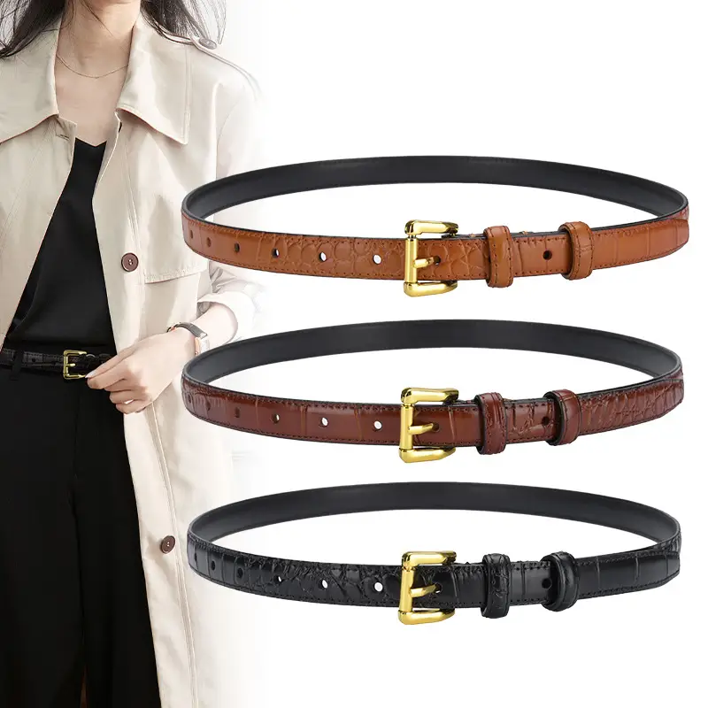 Women Croc Leather Belt Brown Gold Buckle - Image 5