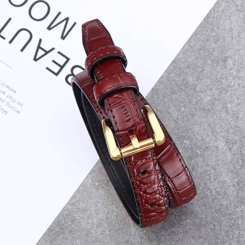 Women Croc Leather Belt Brown Gold Buckle - Image 8