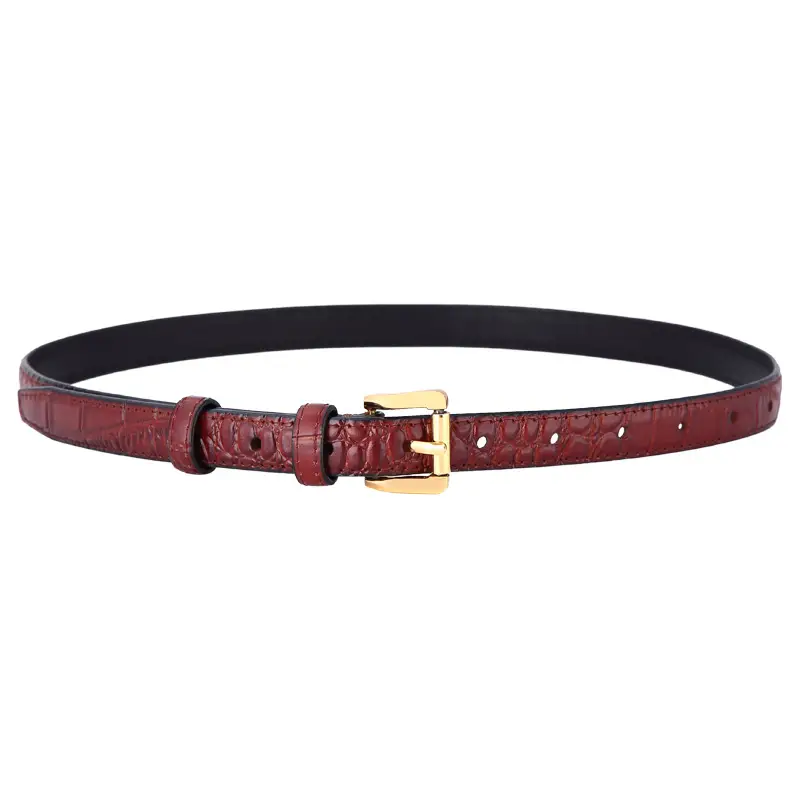 Women Croc Leather Belt Brown Gold Buckle - Image 9