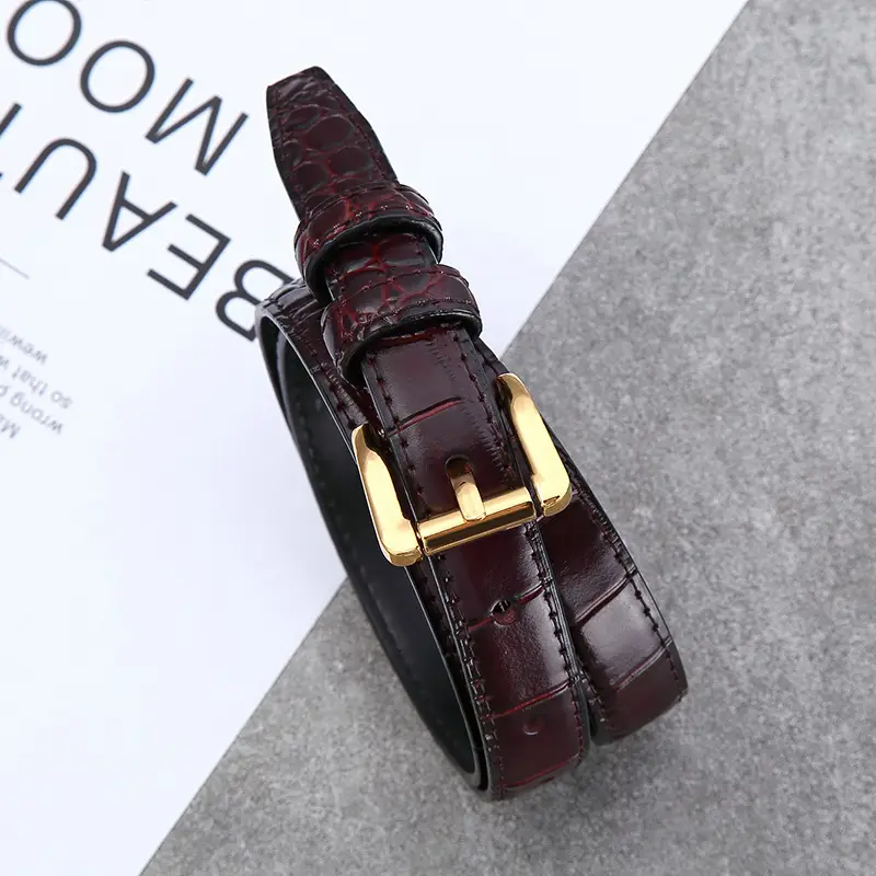 Women Croc Leather Belt Brown Gold Buckle - Image 2
