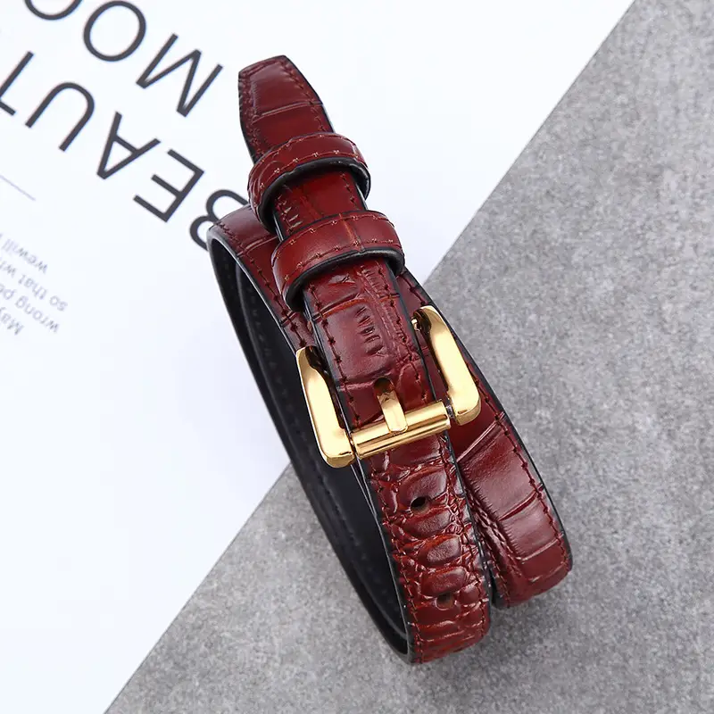 Women Croc Leather Belt Brown Gold Buckle - Image 3