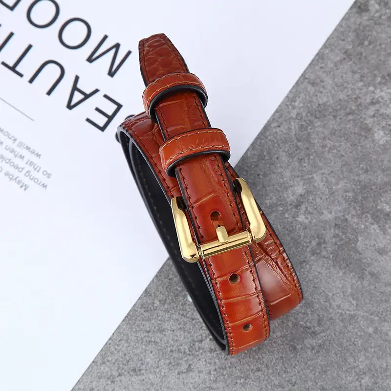 Women Croc Leather Belt Brown Gold Buckle - Image 4