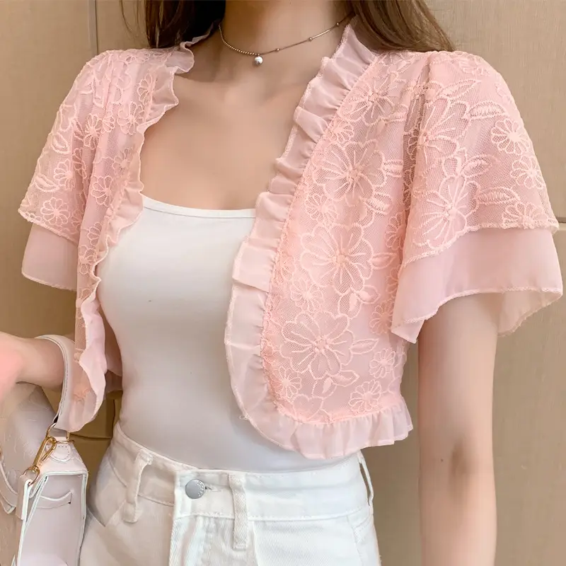 Pink Lace Chiffon Shawl for Women Summer Wear - Image 2
