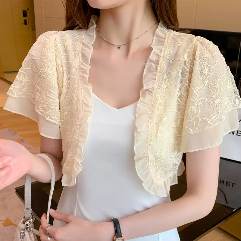 Pink Lace Chiffon Shawl for Women Summer Wear - Image 4