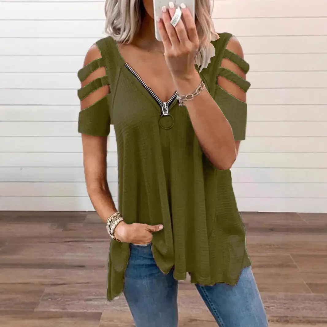 Women's V-Neck Waffle Zipper T-Shirt Maroon Large - Image 8