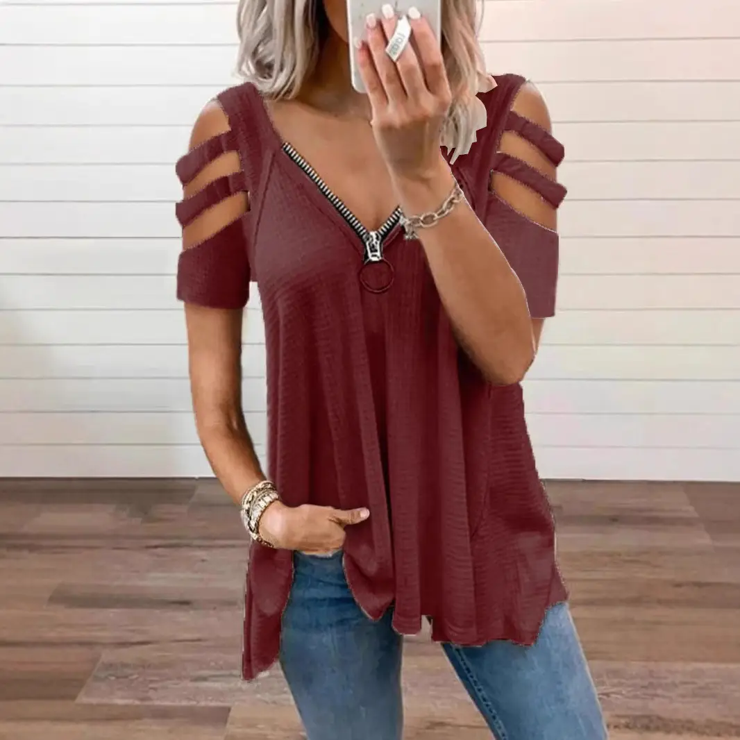 Women's V-Neck Waffle Zipper T-Shirt Maroon Large - Image 9
