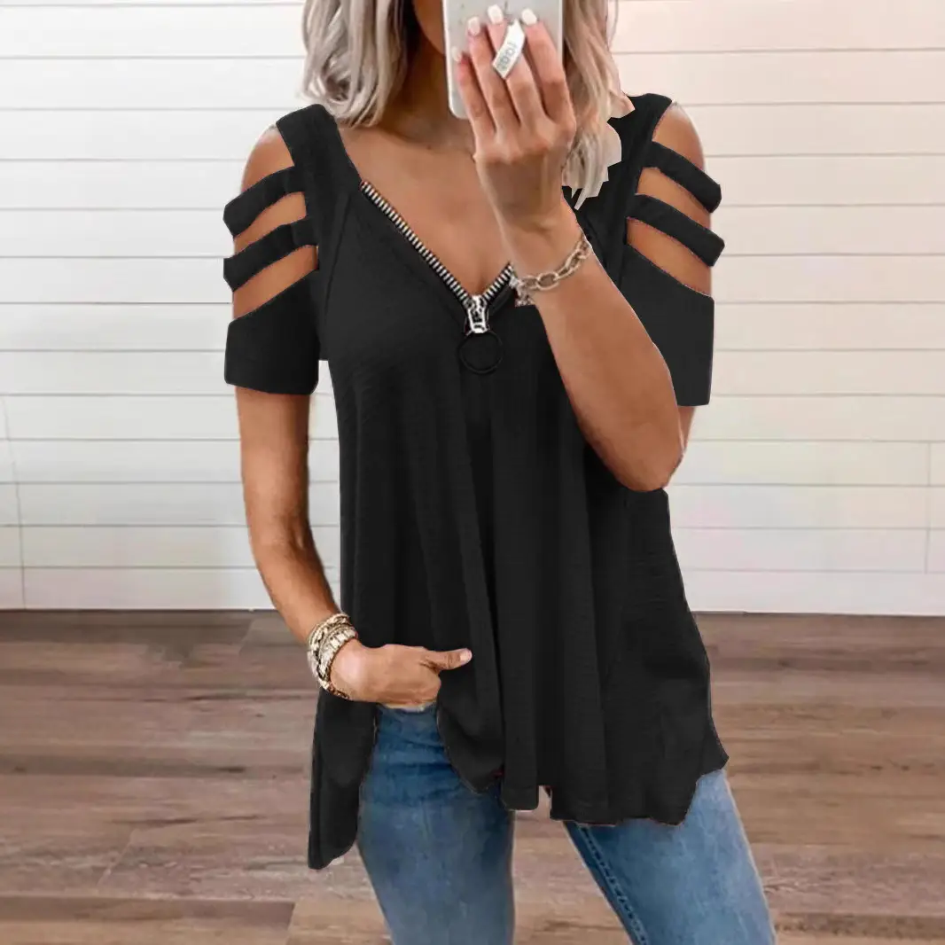 Women's V-Neck Waffle Zipper T-Shirt Maroon Large - Image 10