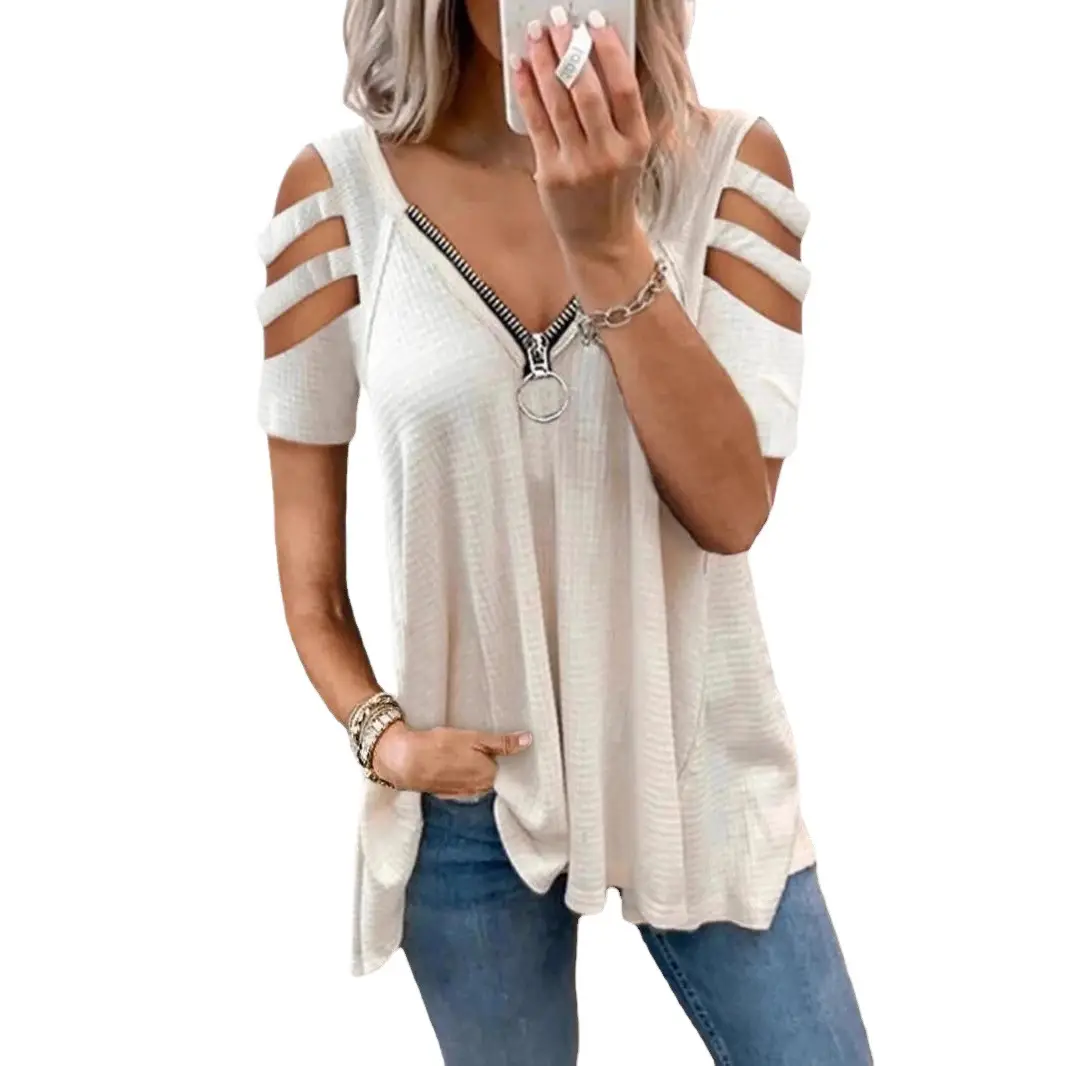 Women's V-Neck Waffle Zipper T-Shirt Maroon Large - Image 11