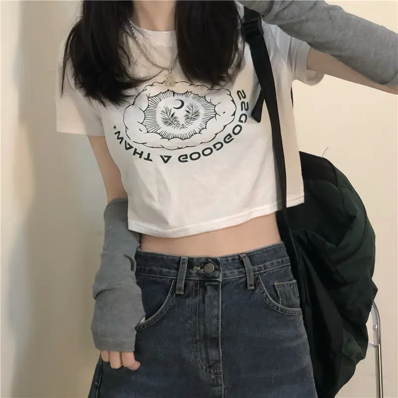 Women Printed Short Sleeve T-Shirt White Denim Shorts Set - Image 3