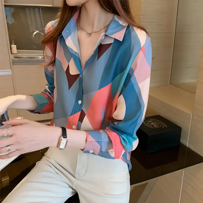 Women Korean Printed Chiffon Shirt Long Sleeve Blue Pink - Image 3