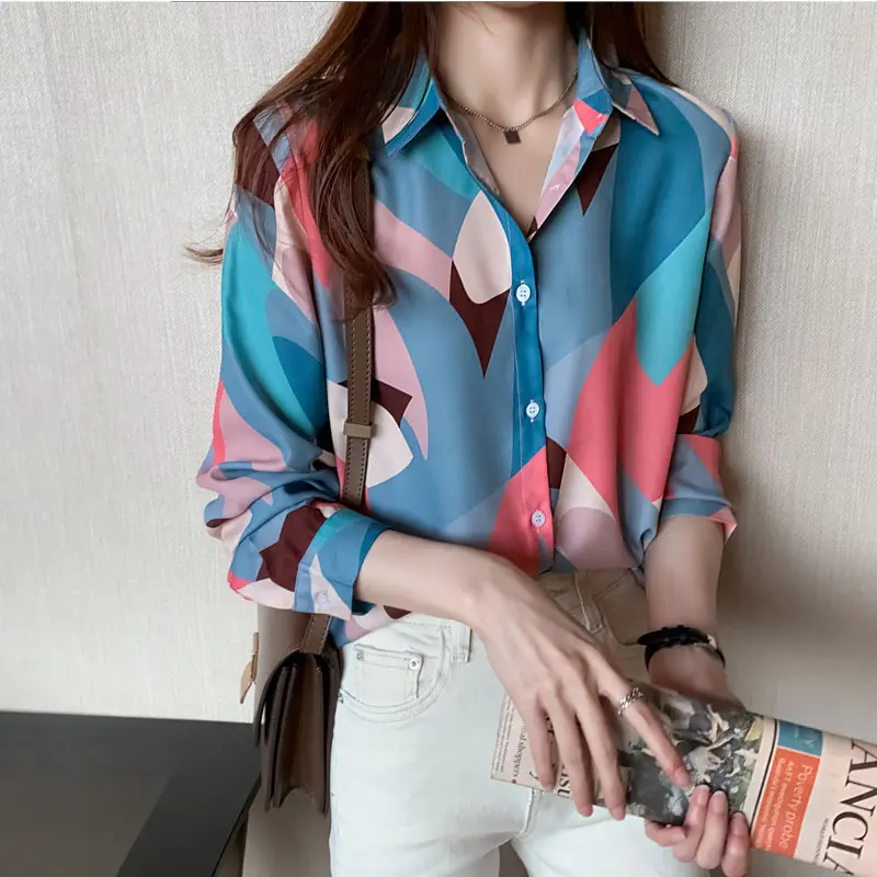 Women Korean Printed Chiffon Shirt Long Sleeve Blue Pink - Image 4