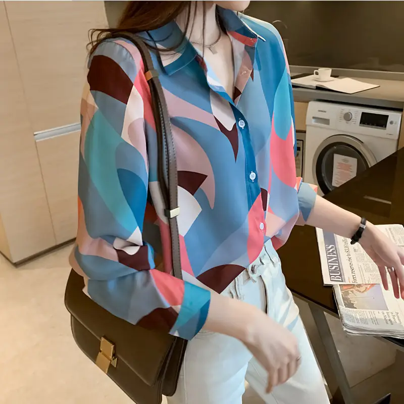 Women Korean Printed Chiffon Shirt Long Sleeve Blue Pink - Image 5