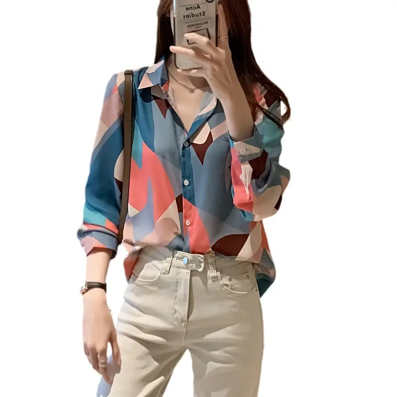 Women Korean Printed Chiffon Shirt Long Sleeve Blue Pink - Image 6