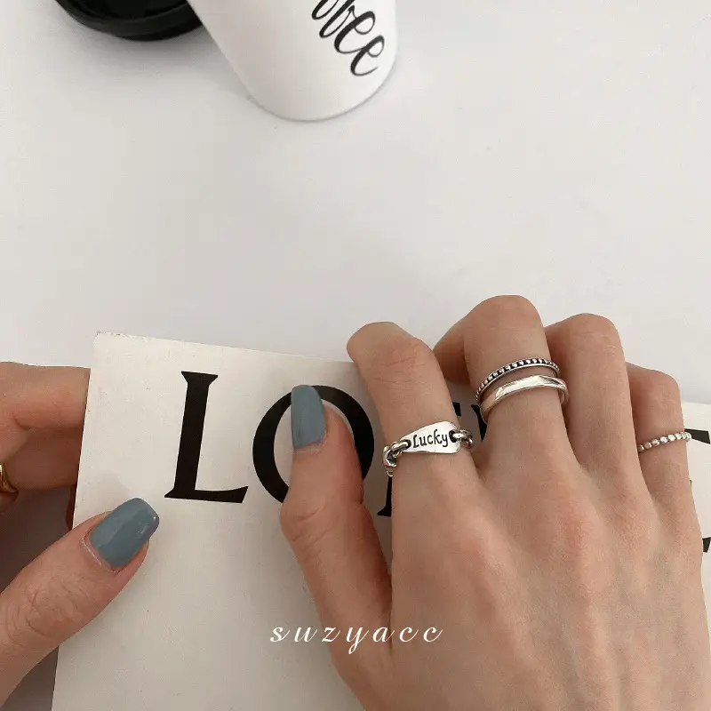 Women's Double Layer Open Ring Silver Tone Lucky Letter Design