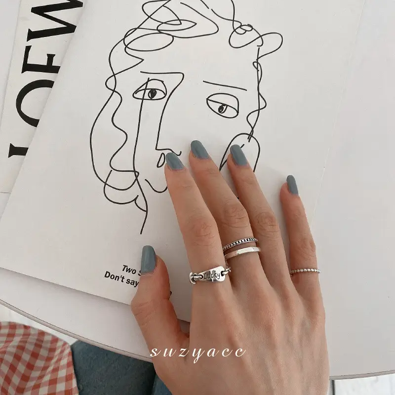 Women's Double Layer Open Ring Silver Tone Lucky Letter Design
