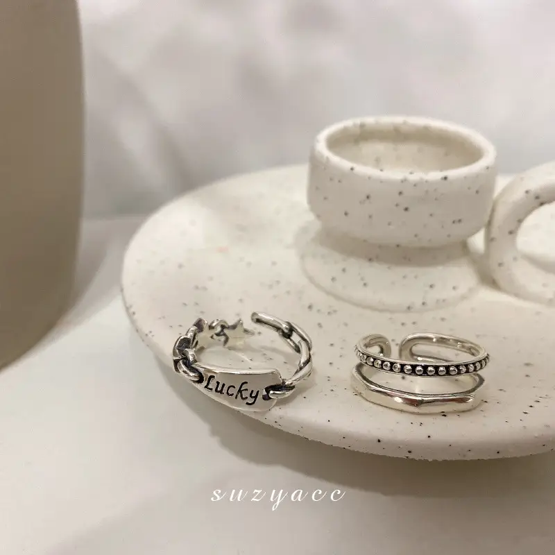 Women's Double Layer Open Ring Silver Tone Lucky Letter Design