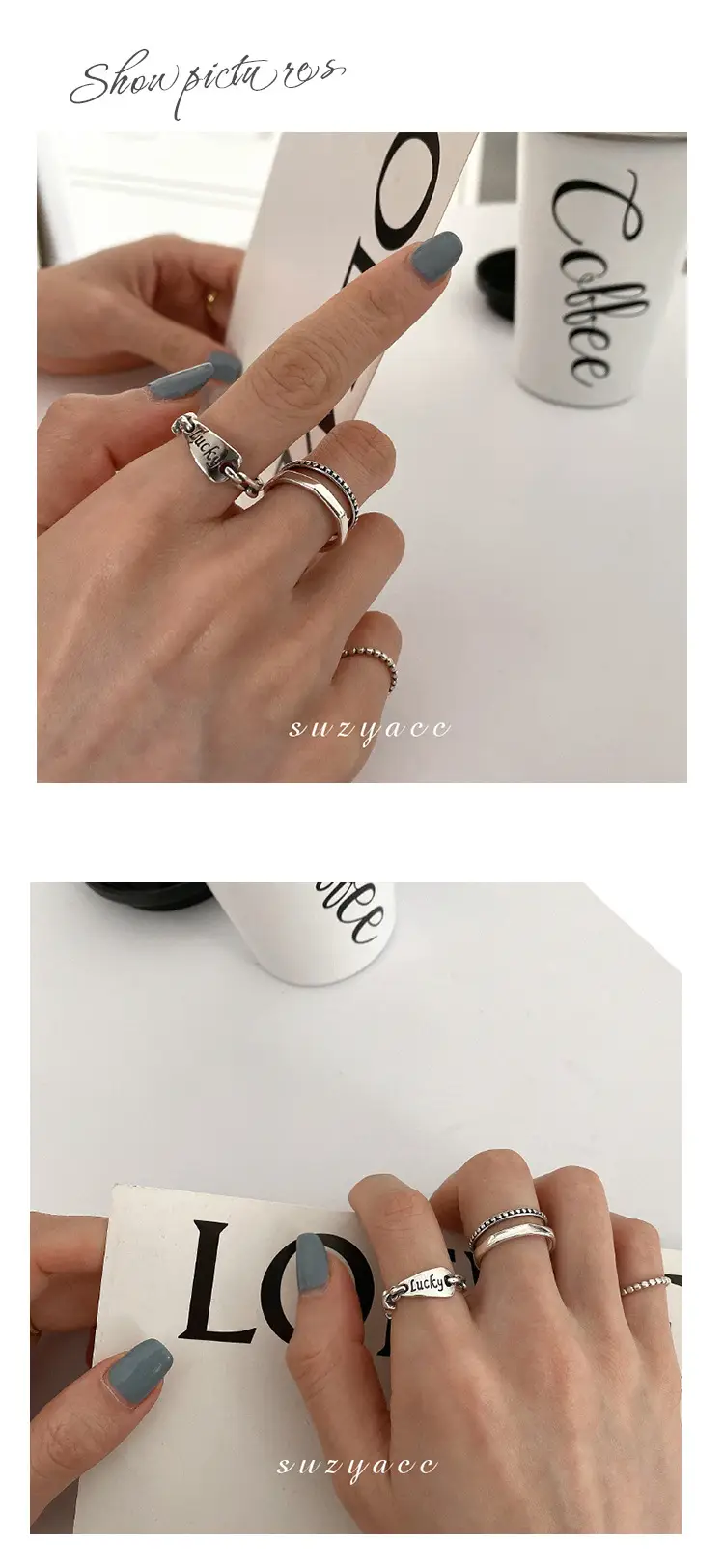 Women's Double Layer Open Ring Silver Tone Lucky Letter Design — feature 3