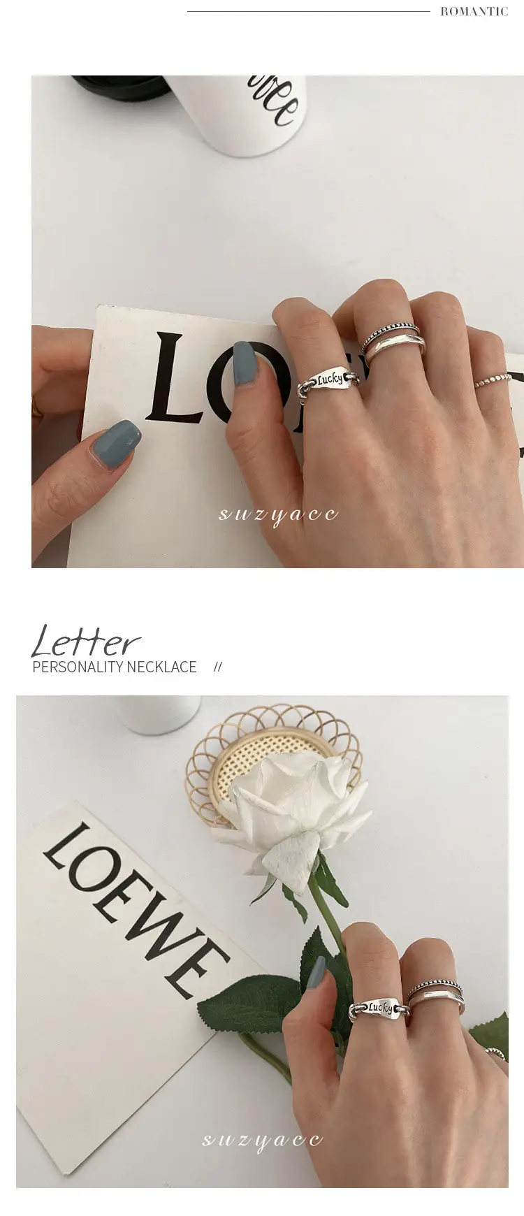 Women's Double Layer Open Ring Silver Tone Lucky Letter Design — feature 4