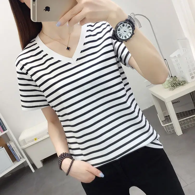 Women Striped V-Neck T-Shirt Plus Size Cotton Summer - Image 2