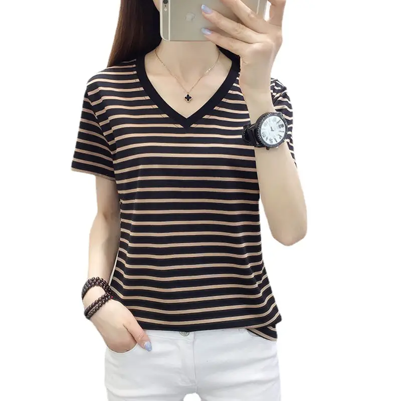 Women Striped V-Neck T-Shirt Plus Size Cotton Summer - Image 7