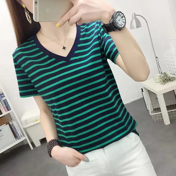 Women Striped V-Neck T-Shirt Plus Size Cotton Summer - Image 4