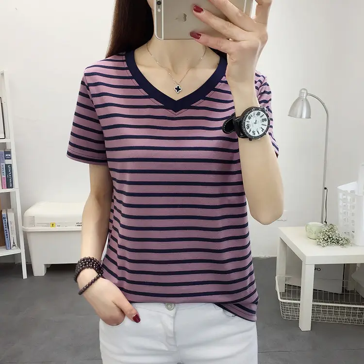 Women Striped V-Neck T-Shirt Plus Size Cotton Summer - Image 5