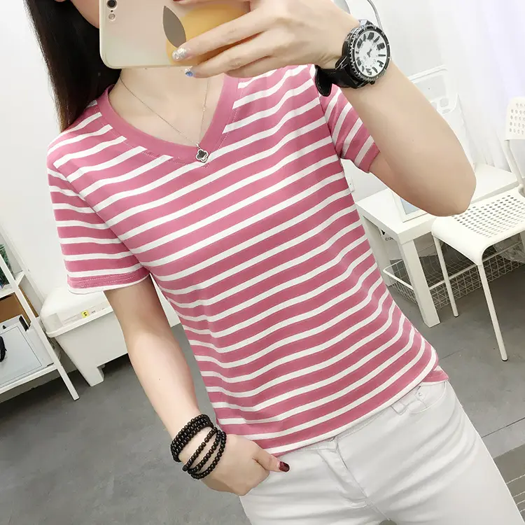 Women Striped V-Neck T-Shirt Plus Size Cotton Summer - Image 6