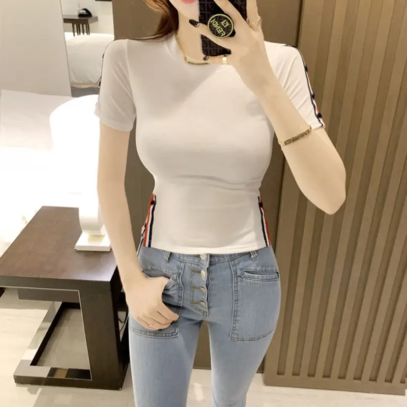 Women White Slim Fit T-Shirt 2025 Summer - Image 5
