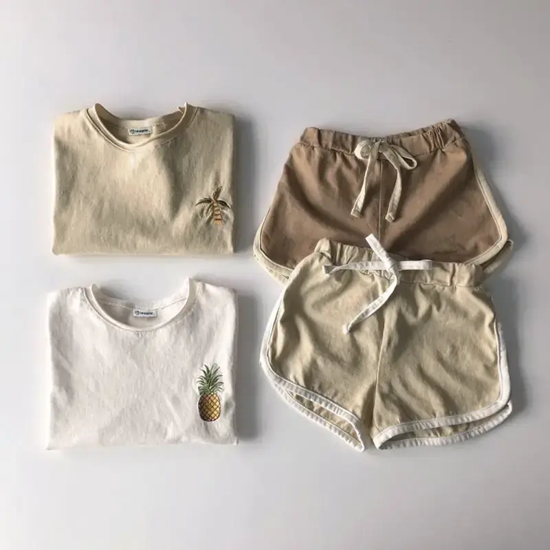 Korean Kids Short Sleeve T-Shirt Suit Beige