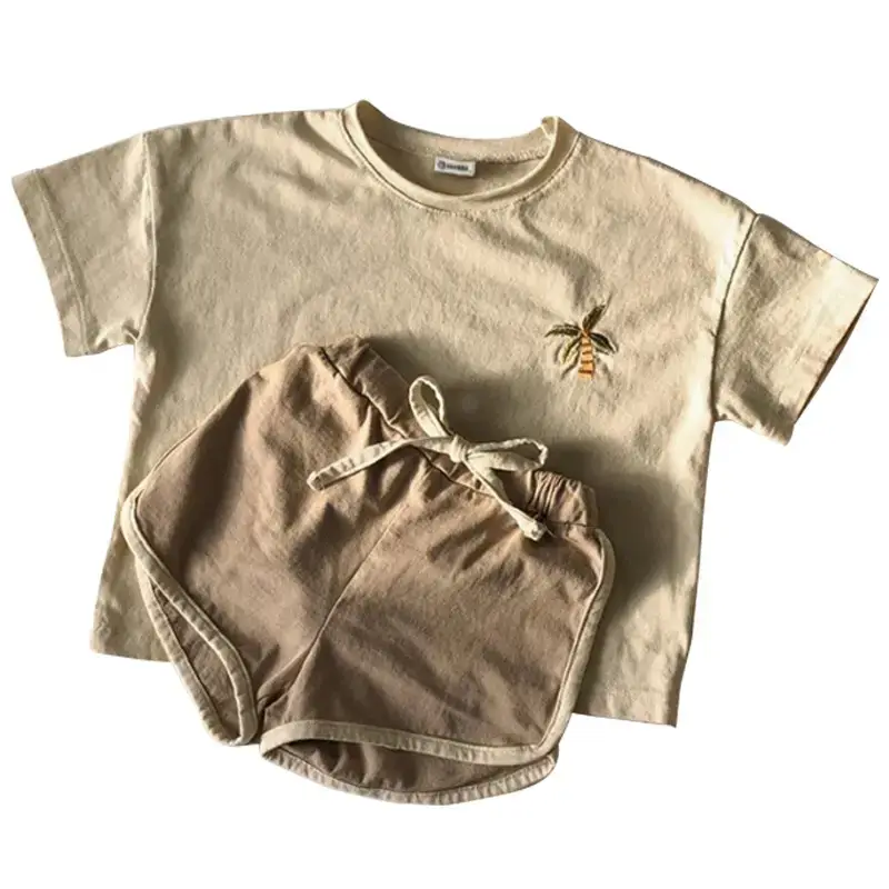 Korean Kids Short Sleeve T-Shirt Suit Beige