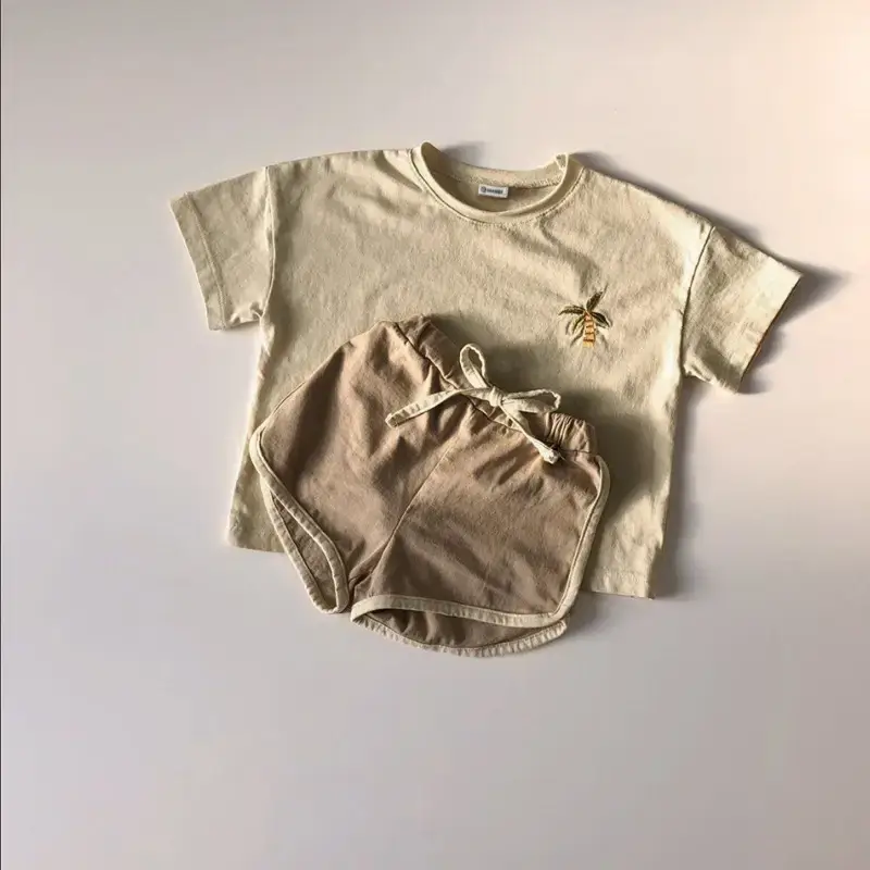 Korean Kids Short Sleeve T-Shirt Suit Beige