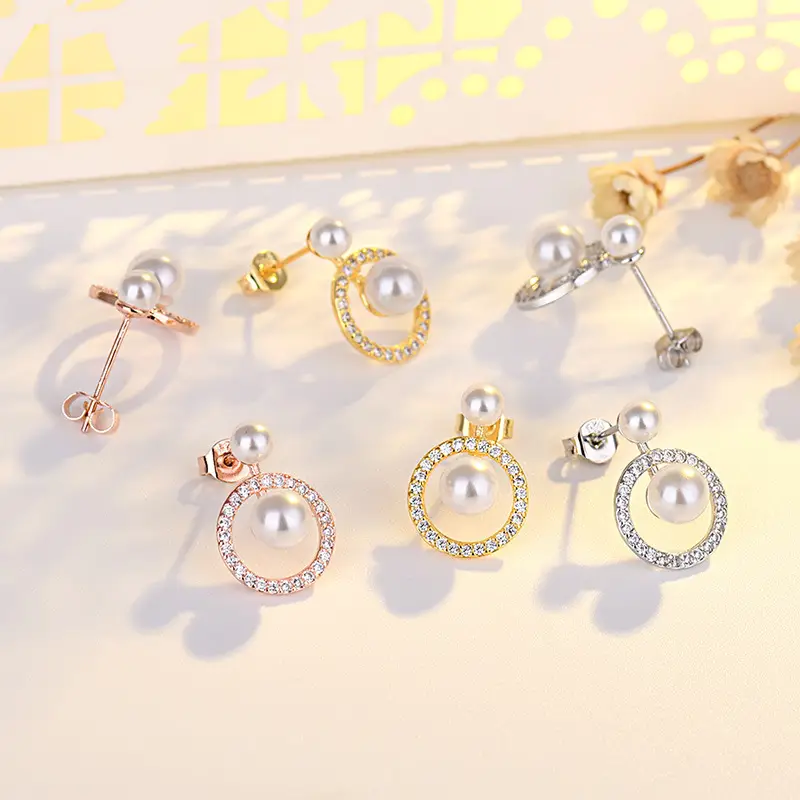 Round Pearl Earrings with Crystal Accents