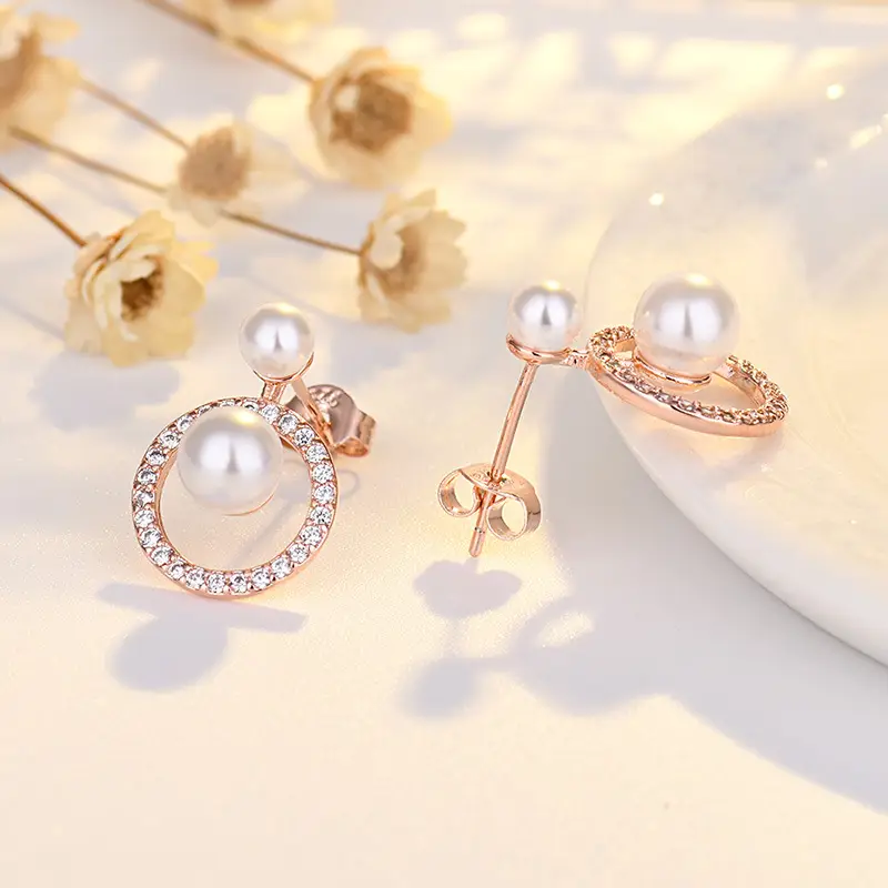 Round Pearl Earrings with Crystal Accents