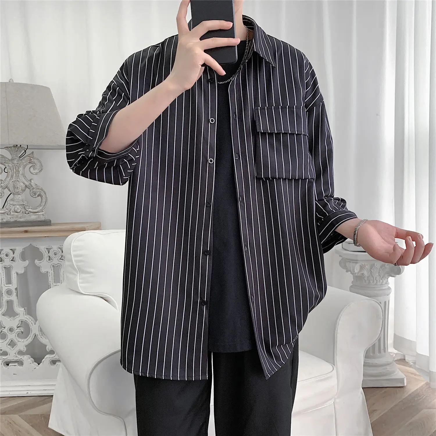 Men Striped Half Sleeve Shirt Large - Image 3