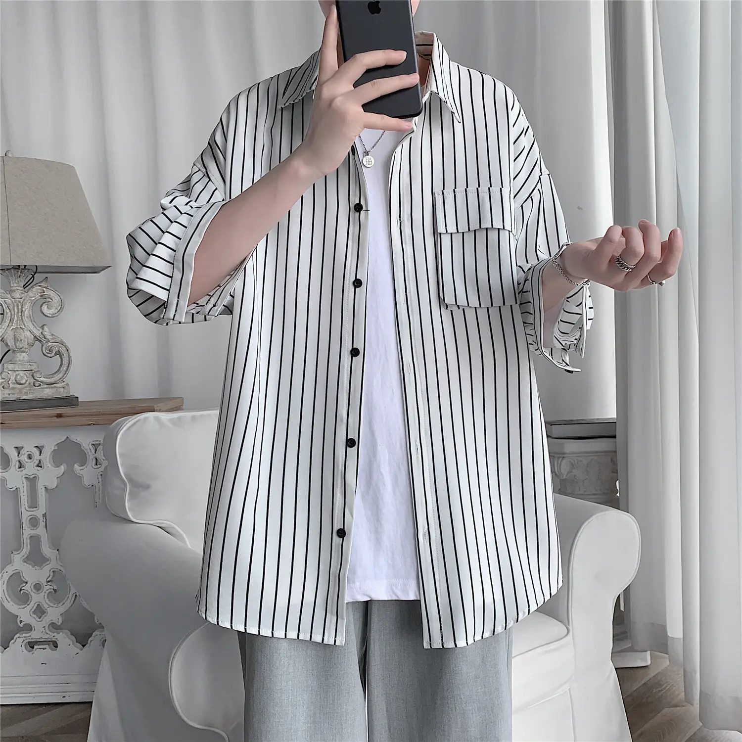 Men Striped Half Sleeve Shirt Large - Image 4