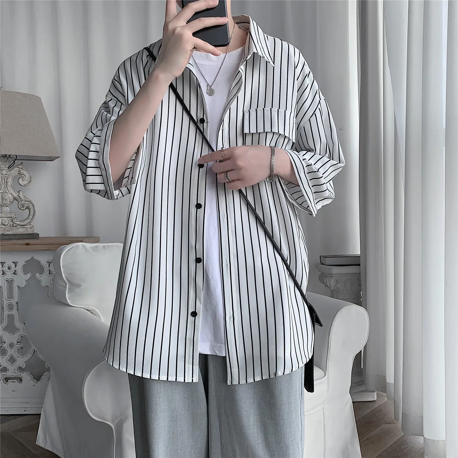 Men Striped Half Sleeve Shirt Large - Image 5