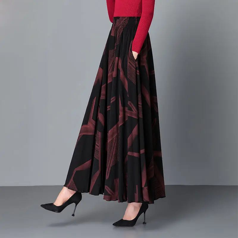 Women's Black Geometric A-Line Skirt Long Swing High Waist Slim Fit - Image 7
