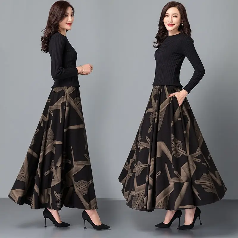 Women's Black Geometric A-Line Skirt Long Swing High Waist Slim Fit - Image 8