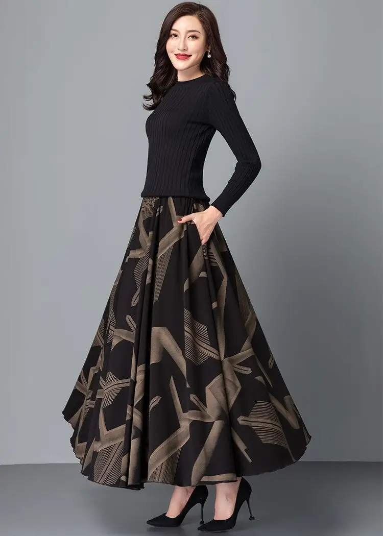 Women's Black Geometric A-Line Skirt Long Swing High Waist Slim Fit — feature 12